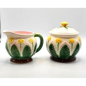 Vintage Floral Ceramic Creamer and Sugar Bowl Set Hand Painted in SF Cottage70s